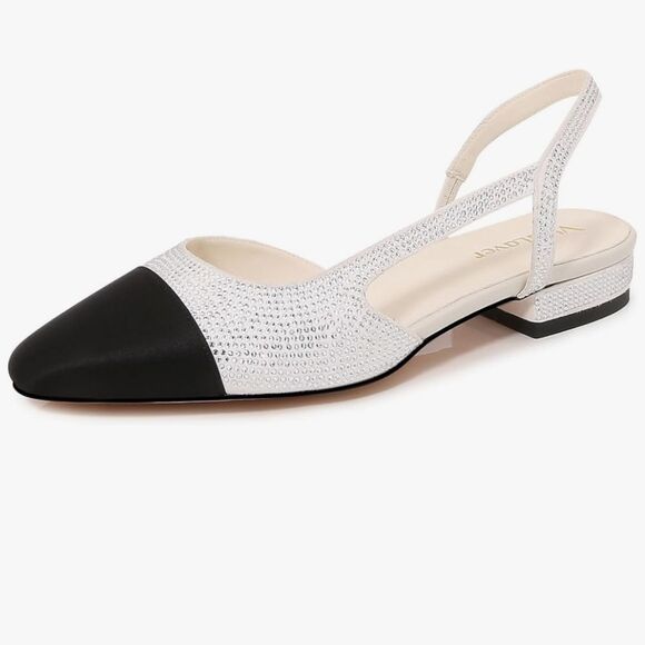 BRAND NEW MARC FISHER RHINESTONE  EMBELLISHMENT BLACK & SILVER SLINGBACK FLATS - Picture 1 of 16